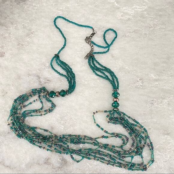 Vintage 90s Green Glass Beaded Long Necklace Crystal Multi-Strand Boho 39" - Picture 2 of 3